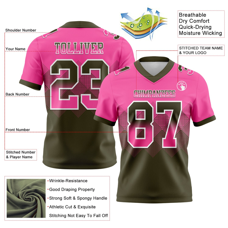 Custom Pink Olive-White Mesh Authentic Gradient Square Shape Flag Football Jersey