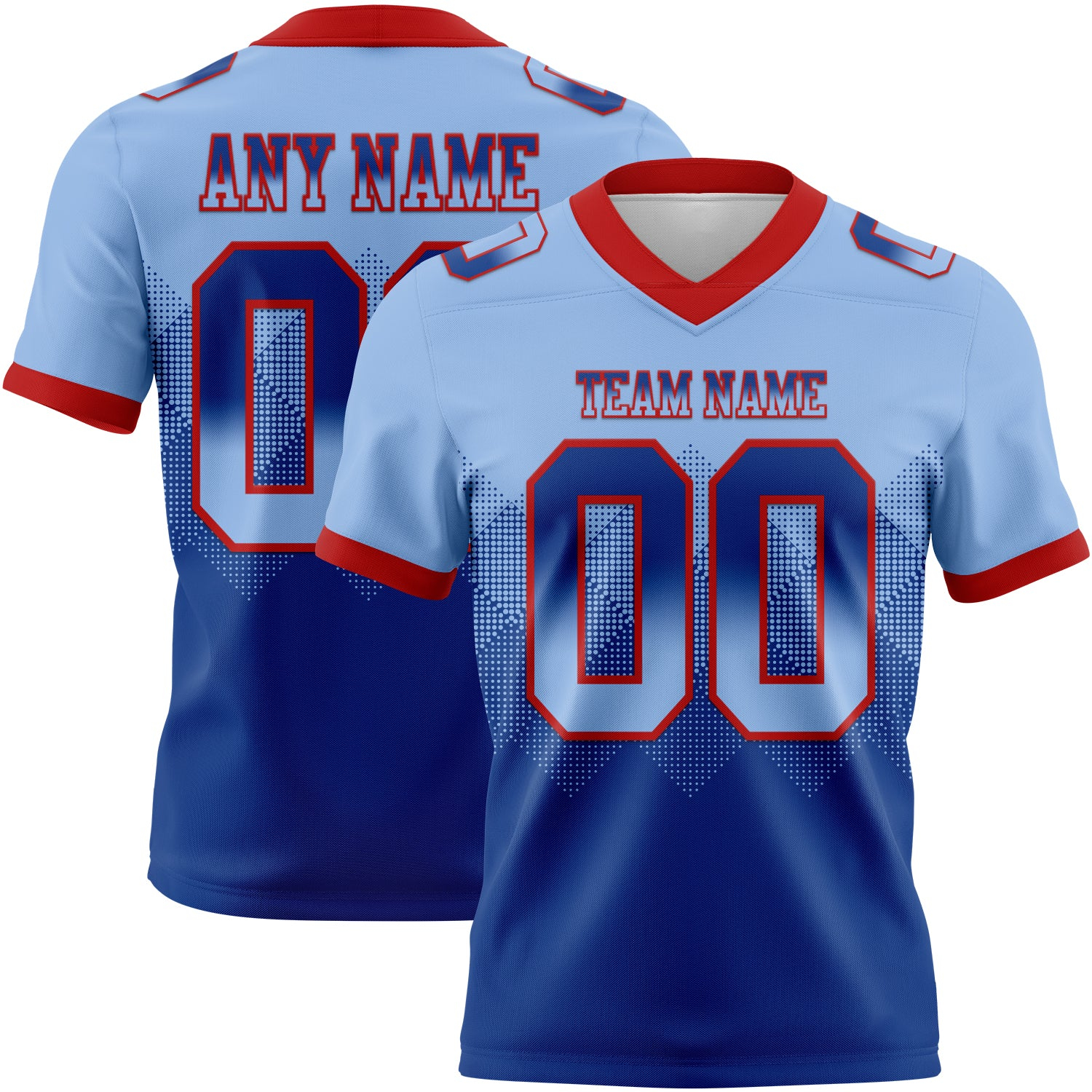Custom Light Blue Royal-Red Mesh Authentic Gradient Square Shape Flag Football Jersey