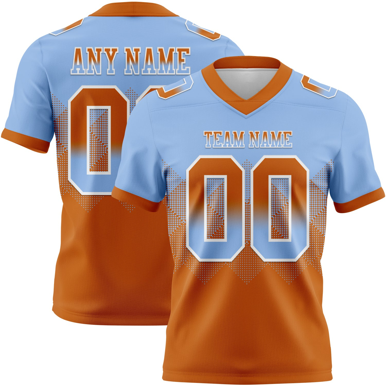 Custom Light Blue Texas Orange-White Mesh Authentic Gradient Square Shape Flag Football Jersey