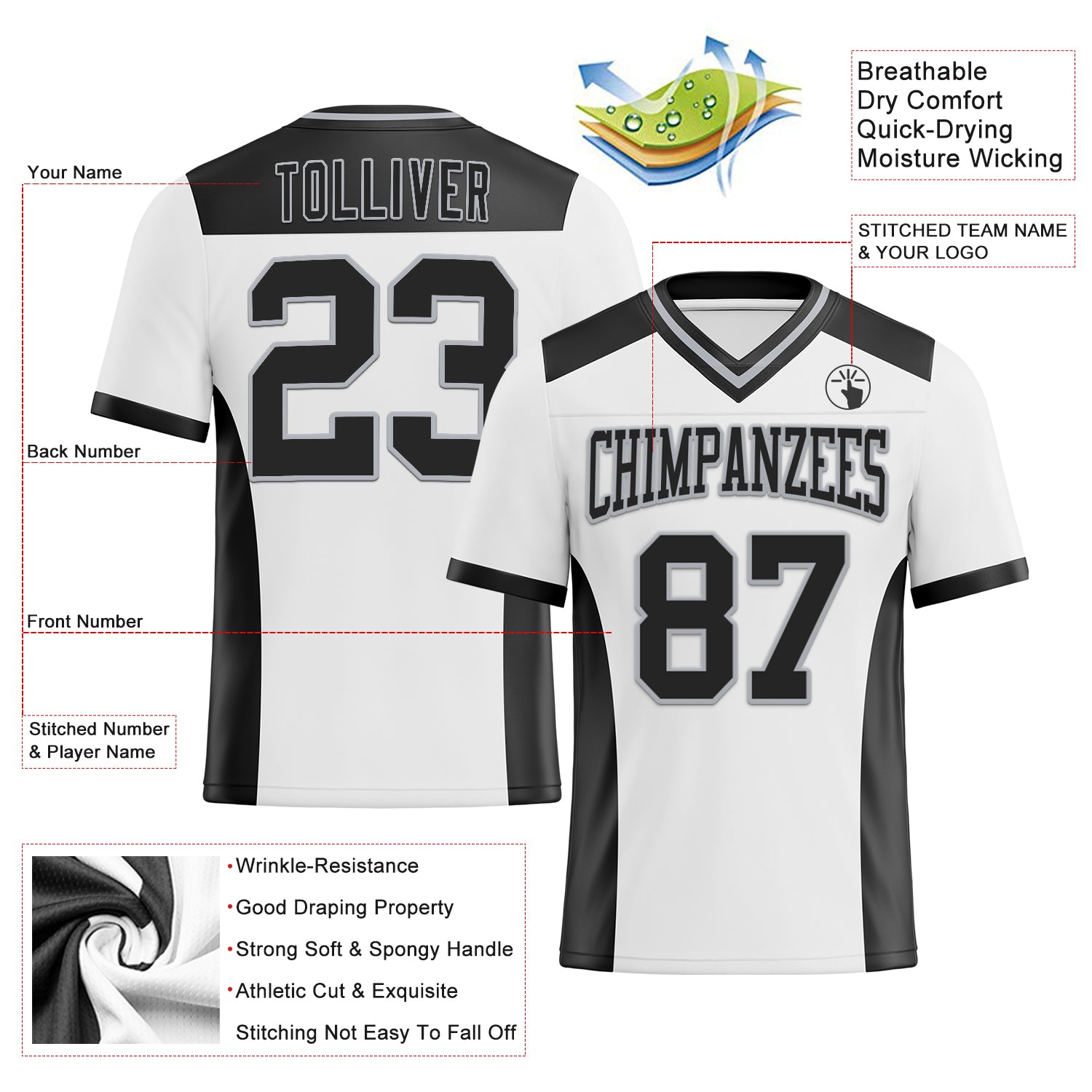 Custom White Black-Gray Mesh Authentic Football Jersey