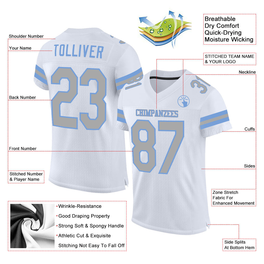 Custom White Gray-Light Blue Mesh Authentic Football Jersey