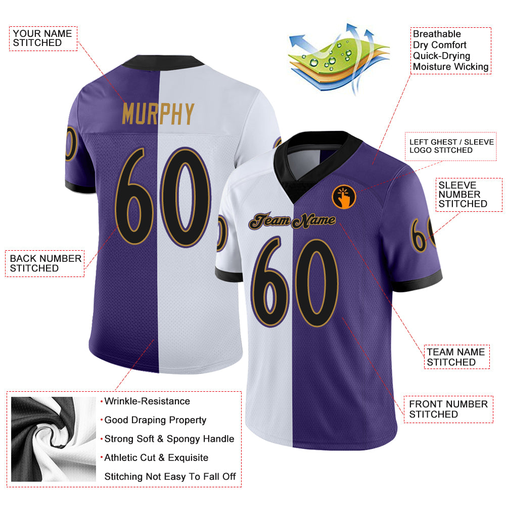 Custom Purple Black-White Mesh Split Fashion Football Jersey