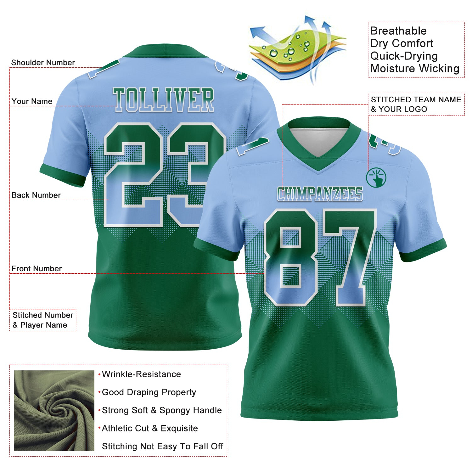 Custom Light Blue Kelly Green-White Mesh Authentic Gradient Square Shape Flag Football Jersey