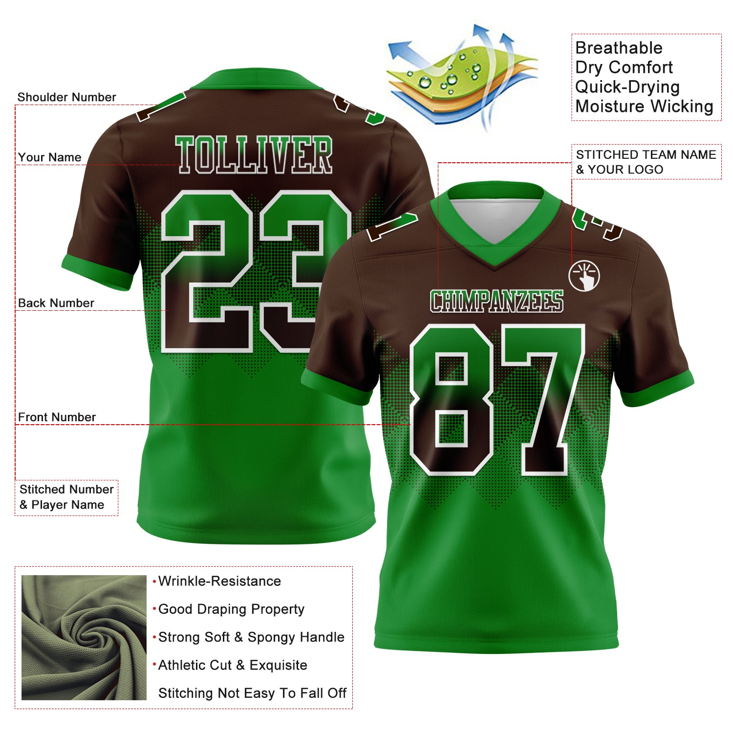 Custom Brown Grass Green-White Mesh Authentic Gradient Square Shape Flag Football Jersey