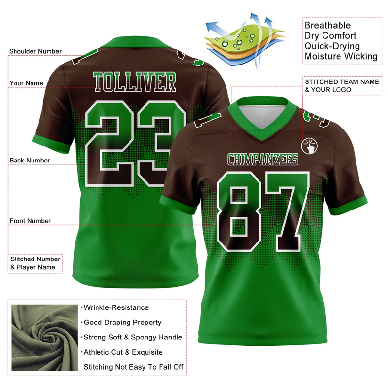 Custom Brown Grass Green-White Mesh Authentic Gradient Square Shape Flag Football Jersey