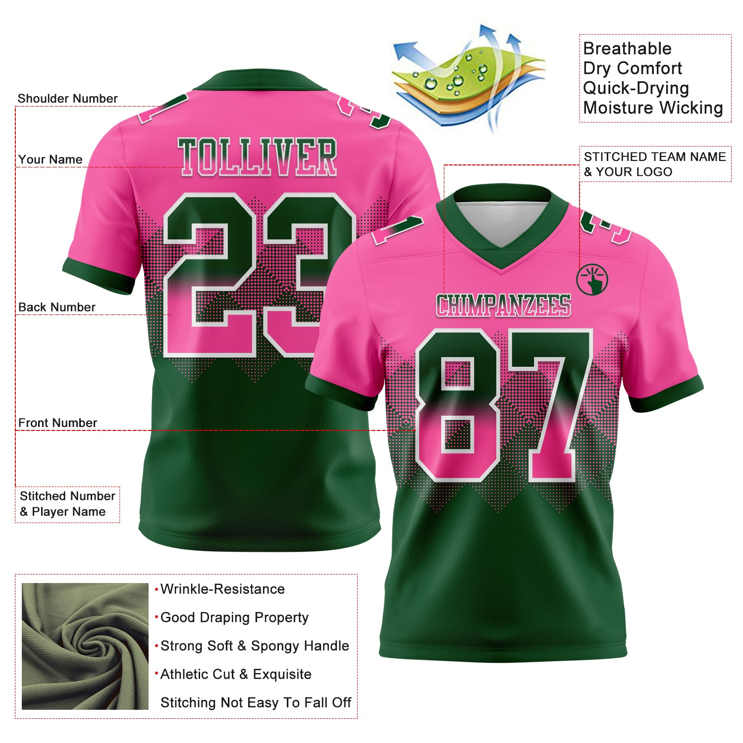 Custom Pink Green-White Mesh Authentic Gradient Square Shape Flag Football Jersey