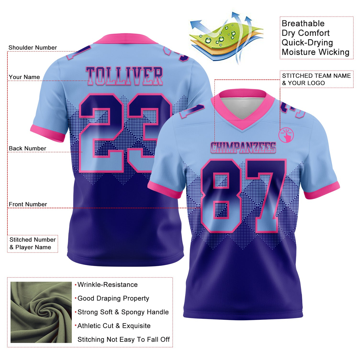 Custom Light Blue Dark Purple-Pink Mesh Authentic Gradient Square Shape Flag Football Jersey
