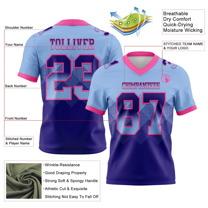 Custom Light Blue Dark Purple-Pink Mesh Authentic Gradient Square Shape Flag Football Jersey