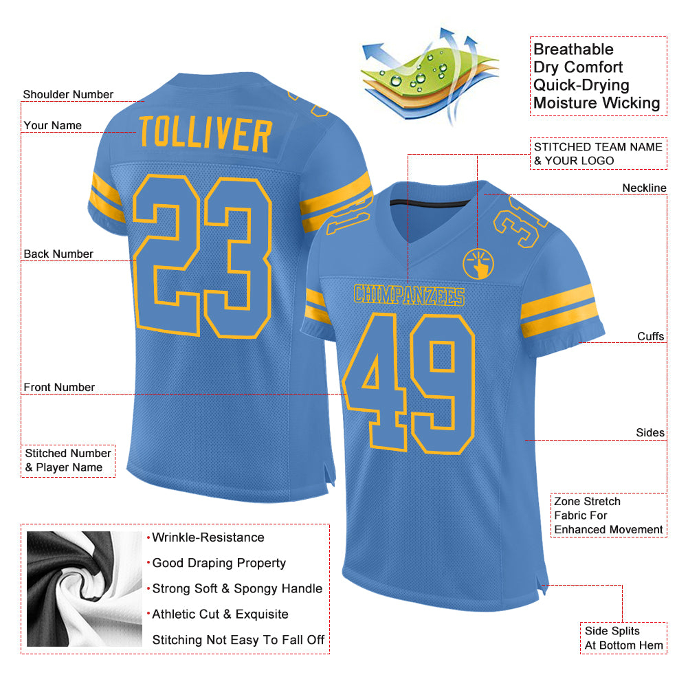 Custom Light Blue Gold Mesh Authentic Football Jersey