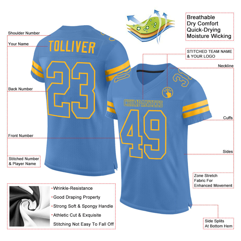 Custom Light Blue Gold Mesh Authentic Football Jersey