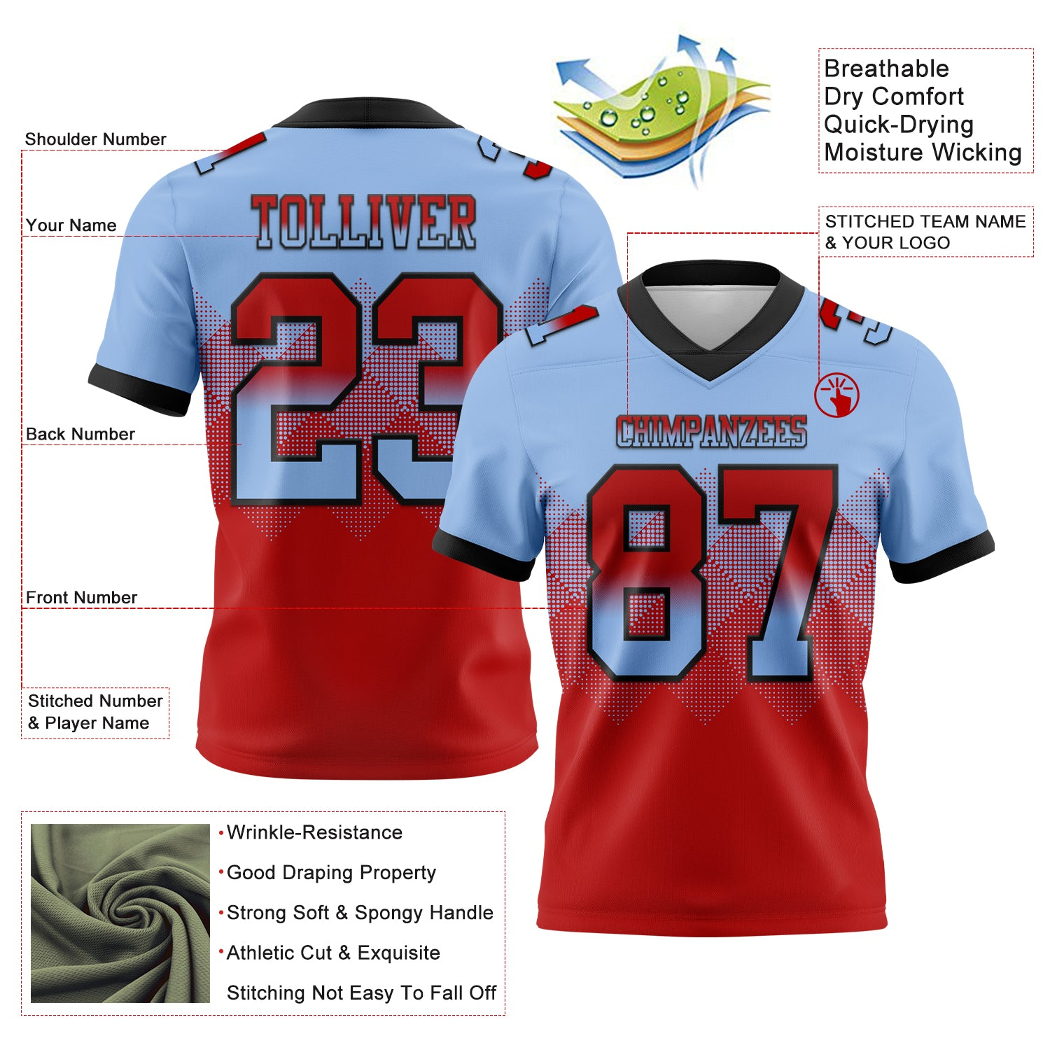 Custom Light Blue Red-Black Mesh Authentic Gradient Square Shape Flag Football Jersey