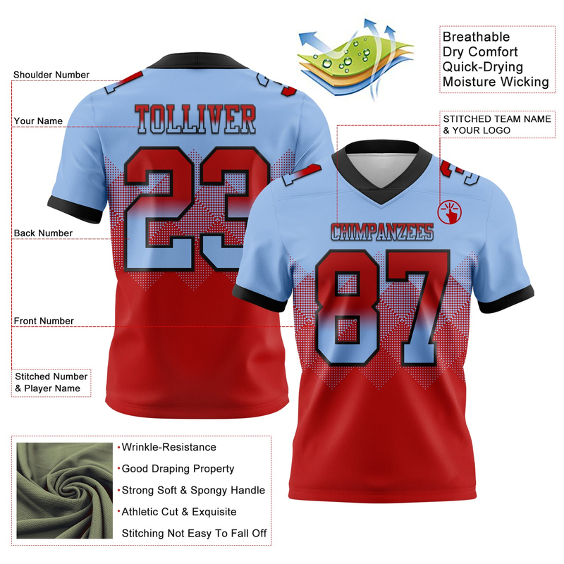 Custom Light Blue Red-Black Mesh Authentic Gradient Square Shape Flag Football Jersey