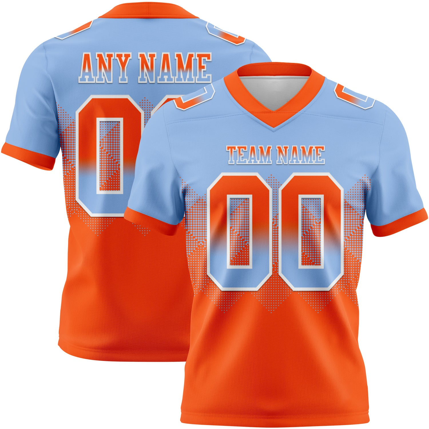Custom Light Blue Orange-White Mesh Authentic Gradient Square Shape Flag Football Jersey