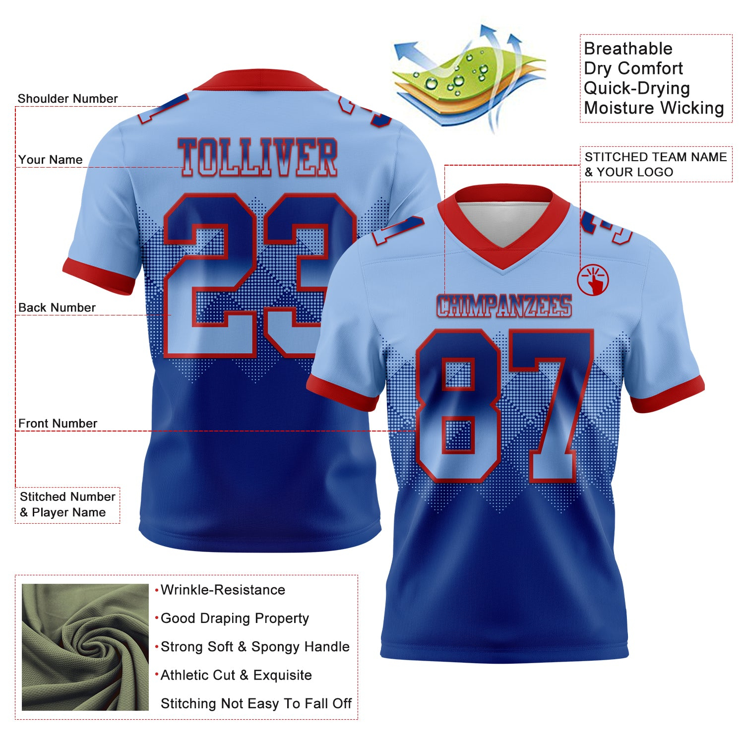 Custom Light Blue Royal-Red Mesh Authentic Gradient Square Shape Flag Football Jersey