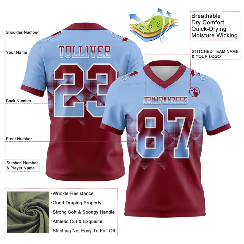 Custom Light Blue Crimson-White Mesh Authentic Gradient Square Shape Flag Football Jersey