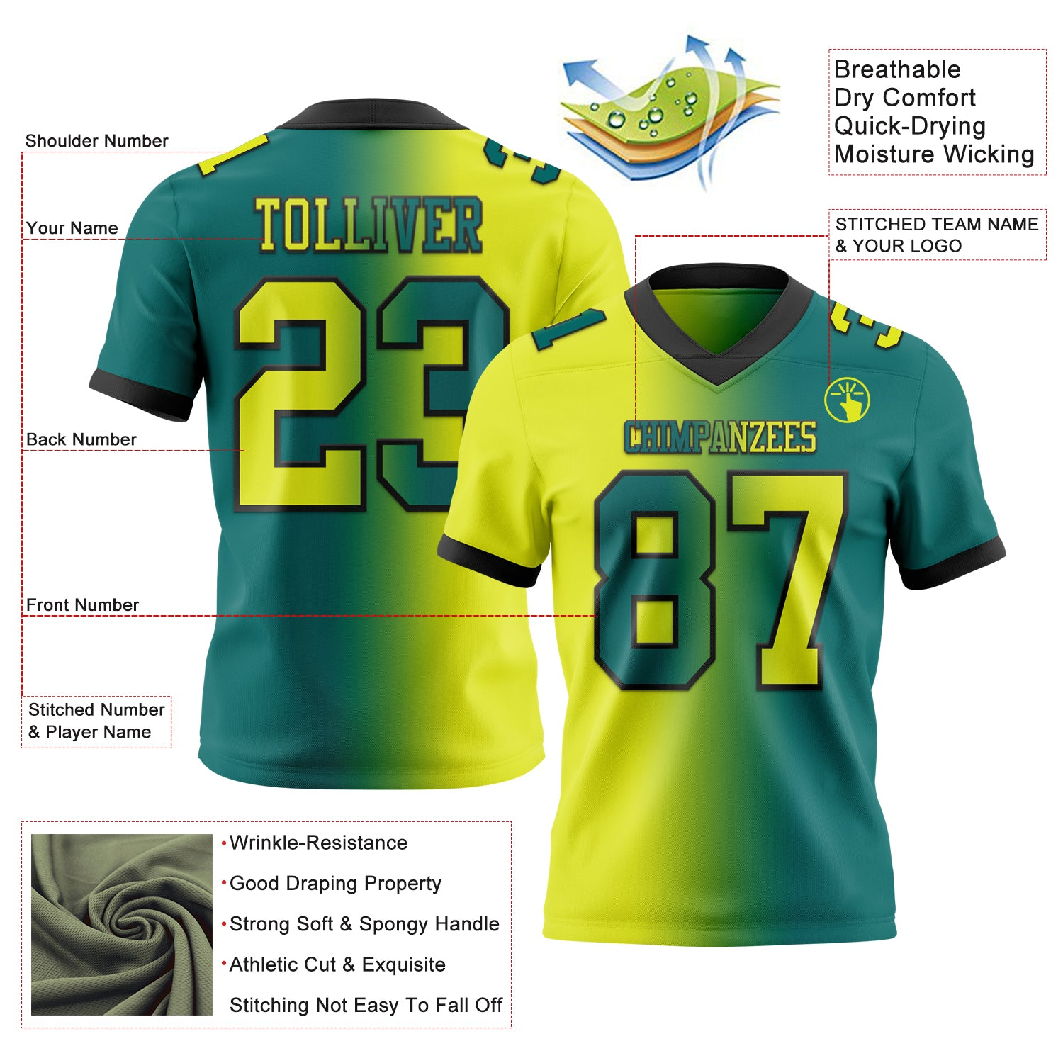 Custom Teal Neon Yellow-Black Mesh Authentic Gradient Fashion Football Jersey