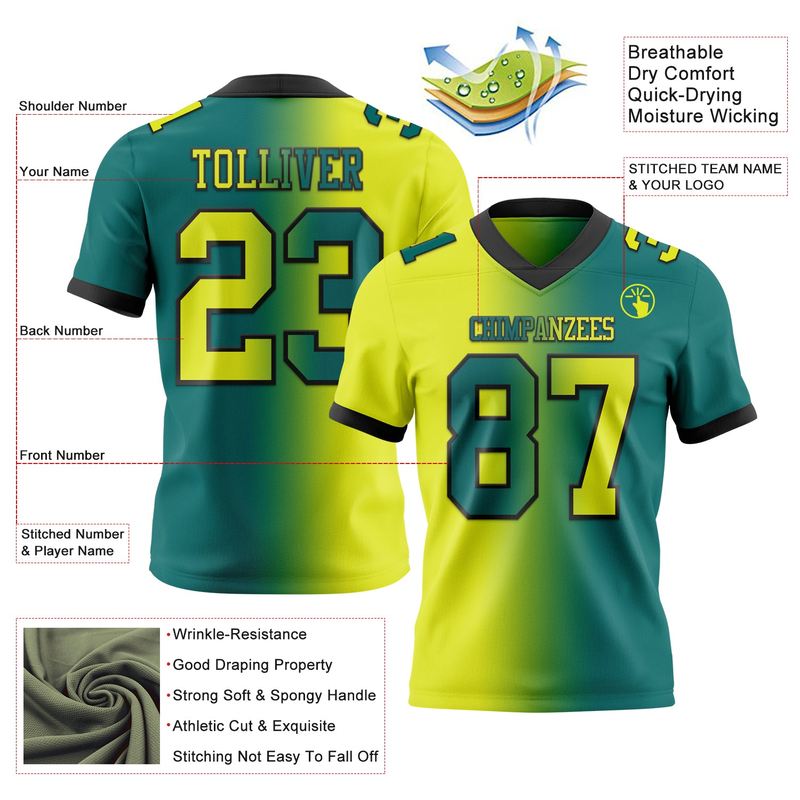 Custom Teal Neon Yellow-Black Mesh Authentic Gradient Fashion Football Jersey