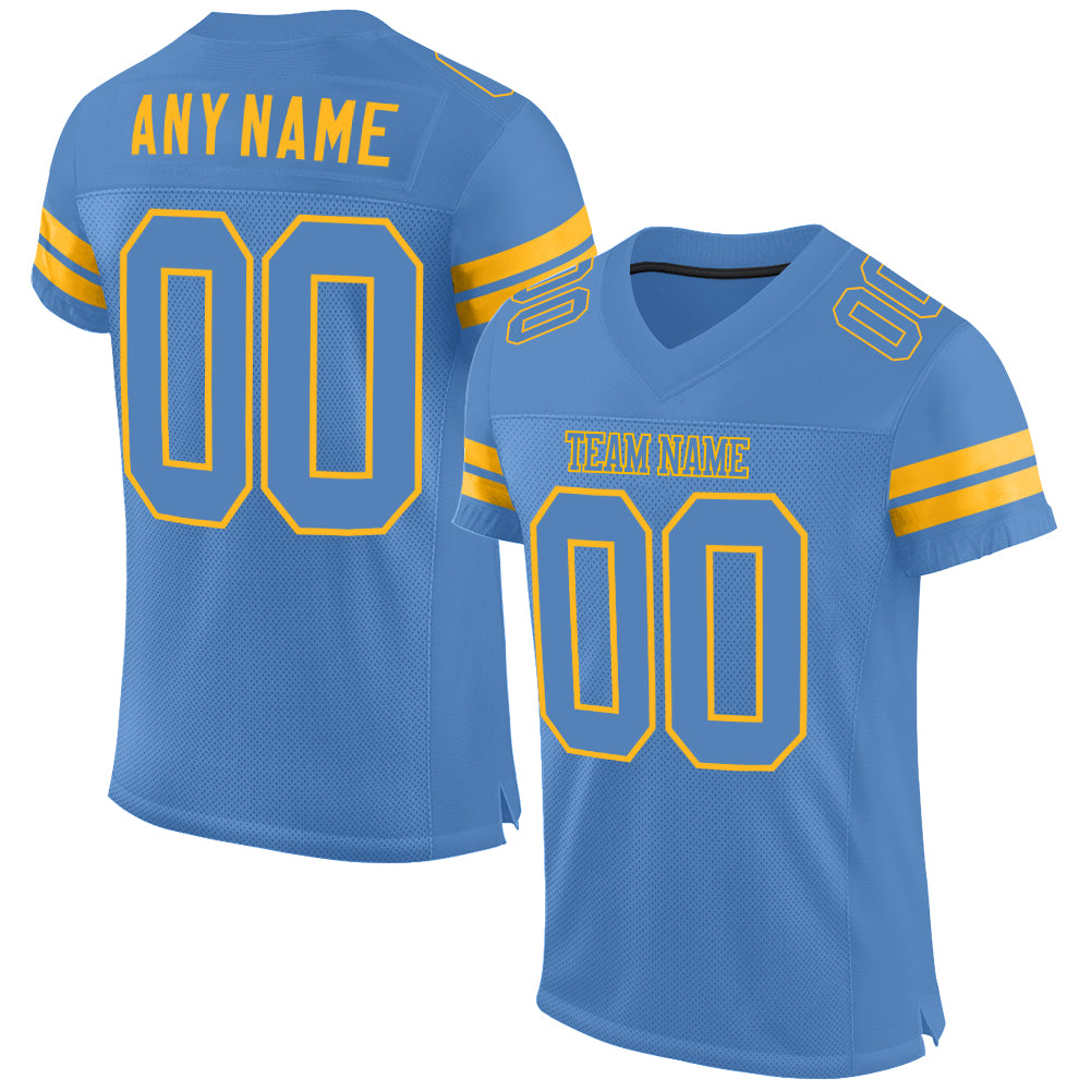 Custom Light Blue Gold Mesh Authentic Football Jersey