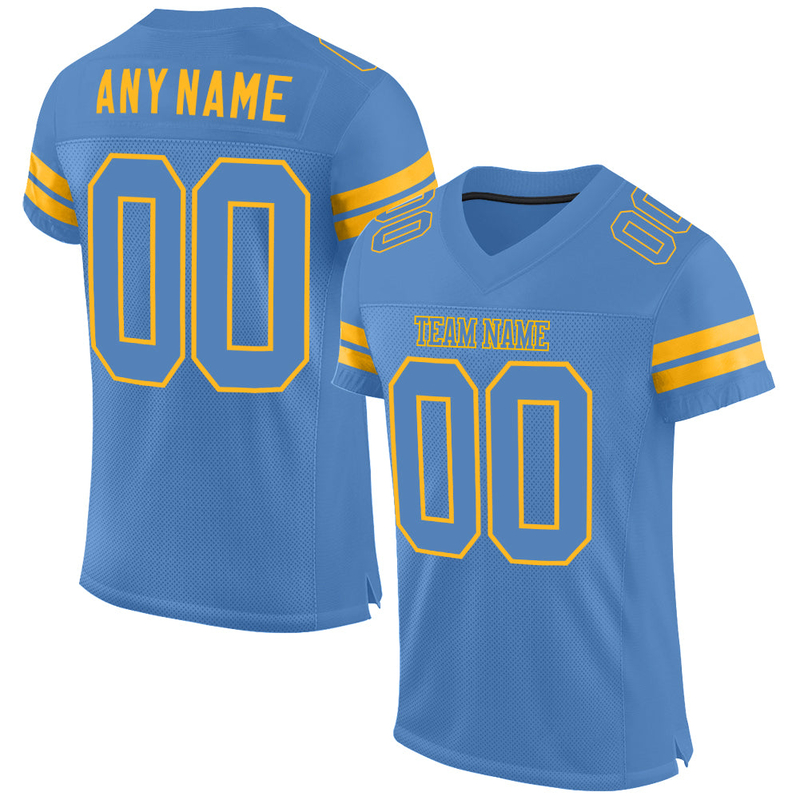 Custom Light Blue Gold Mesh Authentic Football Jersey