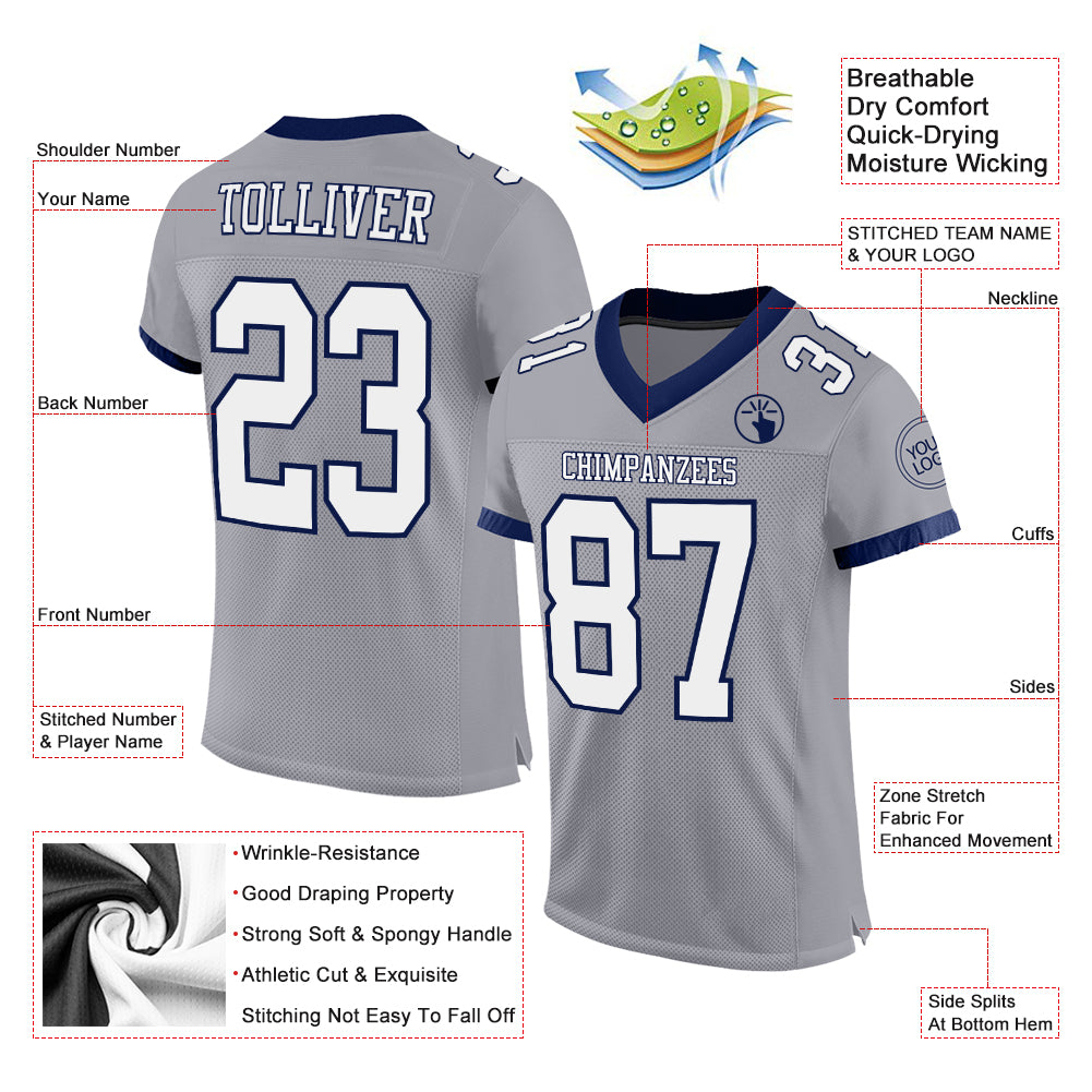 Custom Gray White-Navy Mesh Authentic Football Jersey