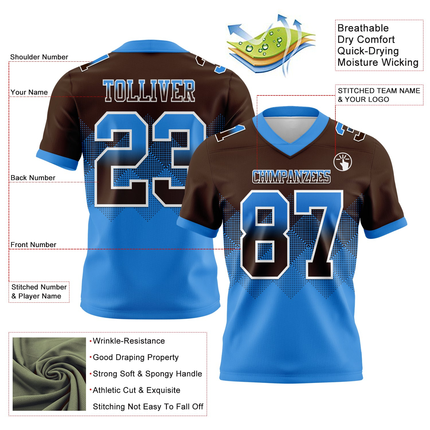 Custom Brown Powder Blue-White Mesh Authentic Gradient Square Shape Flag Football Jersey