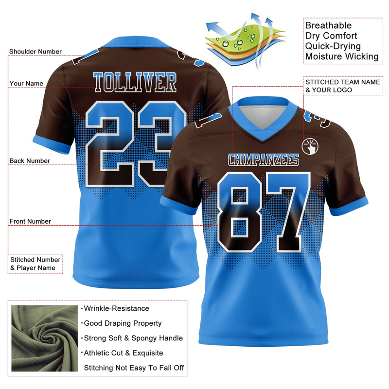 Custom Brown Powder Blue-White Mesh Authentic Gradient Square Shape Flag Football Jersey