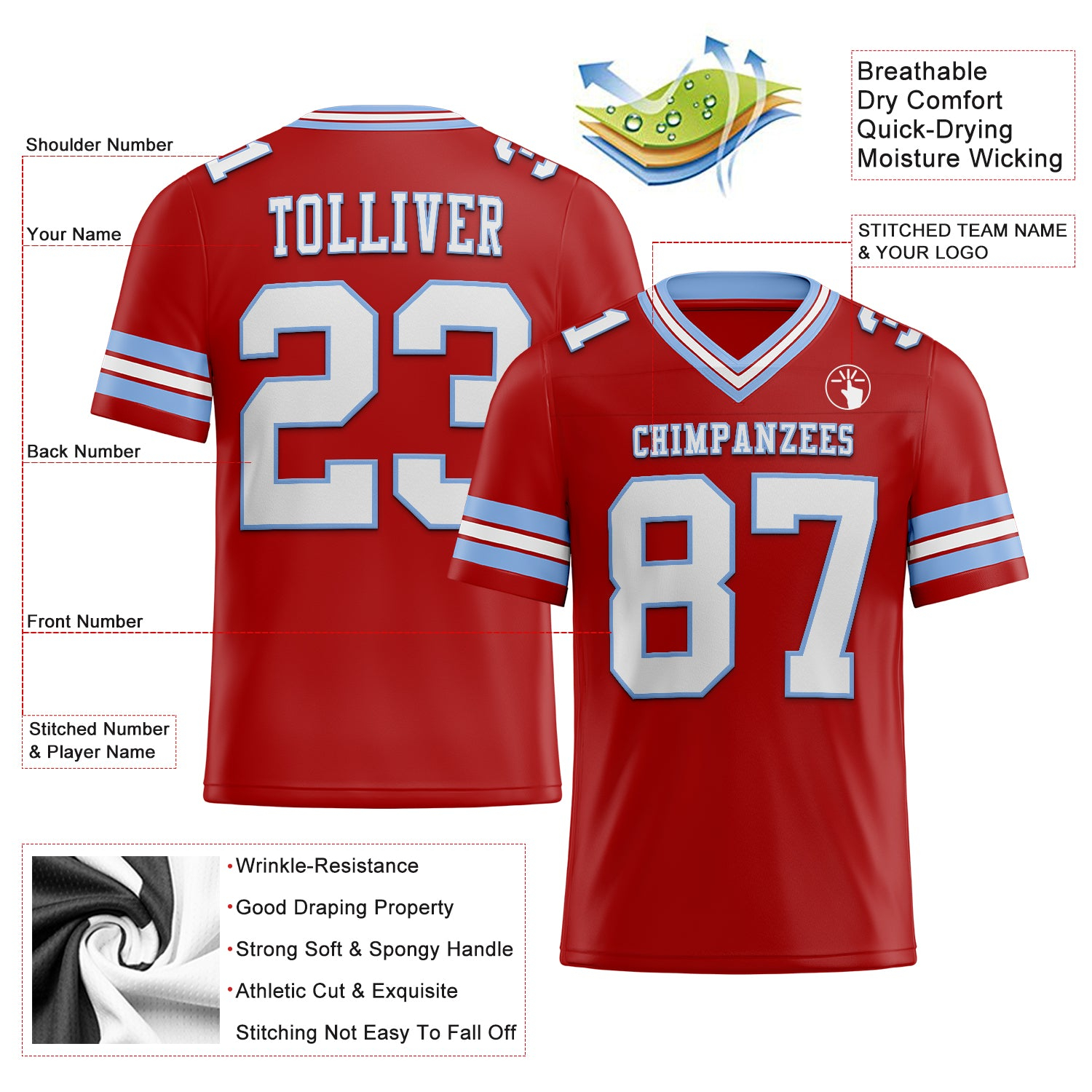 Custom Red White-Light Blue Mesh Authentic Football Jersey