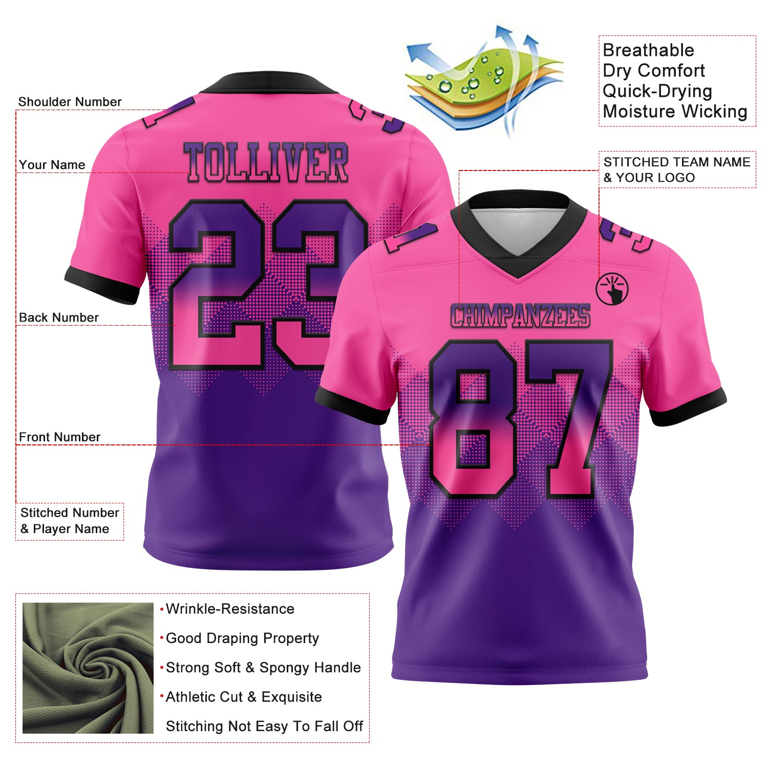 Custom Pink Purple-Black Mesh Authentic Gradient Square Shape Flag Football Jersey