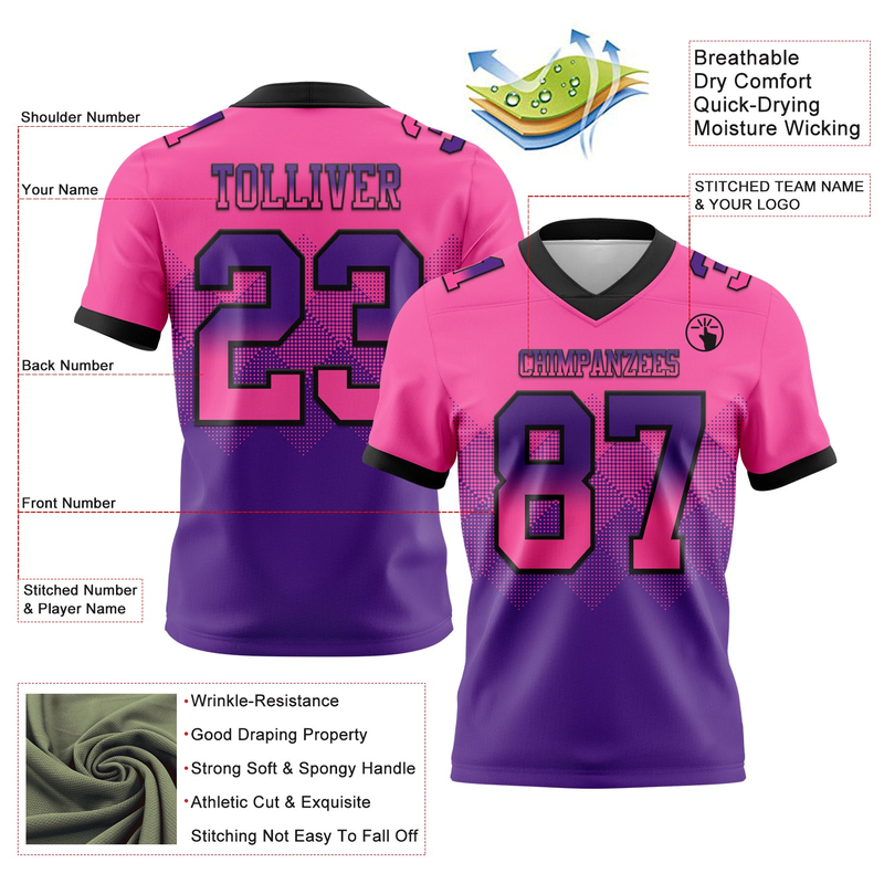 Custom Pink Purple-Black Mesh Authentic Gradient Square Shape Flag Football Jersey