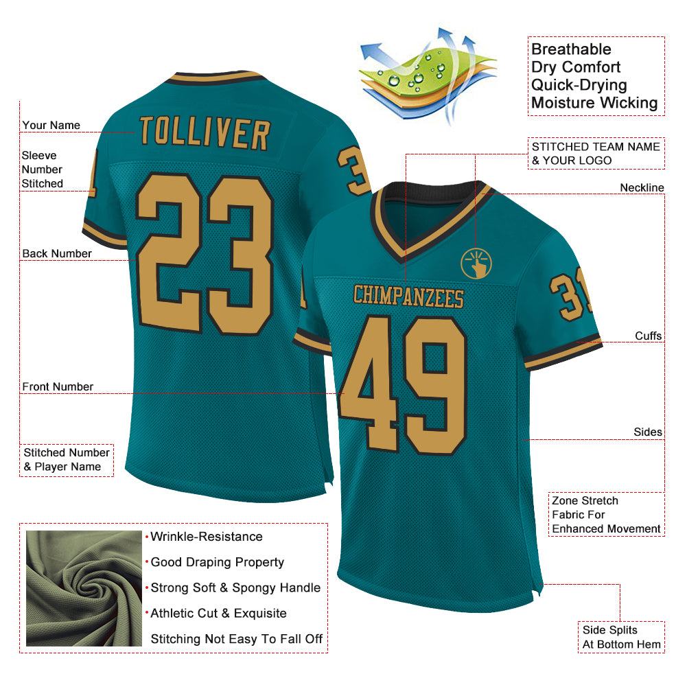 Custom Teal Old Gold-Black Mesh Authentic Throwback Football Jersey