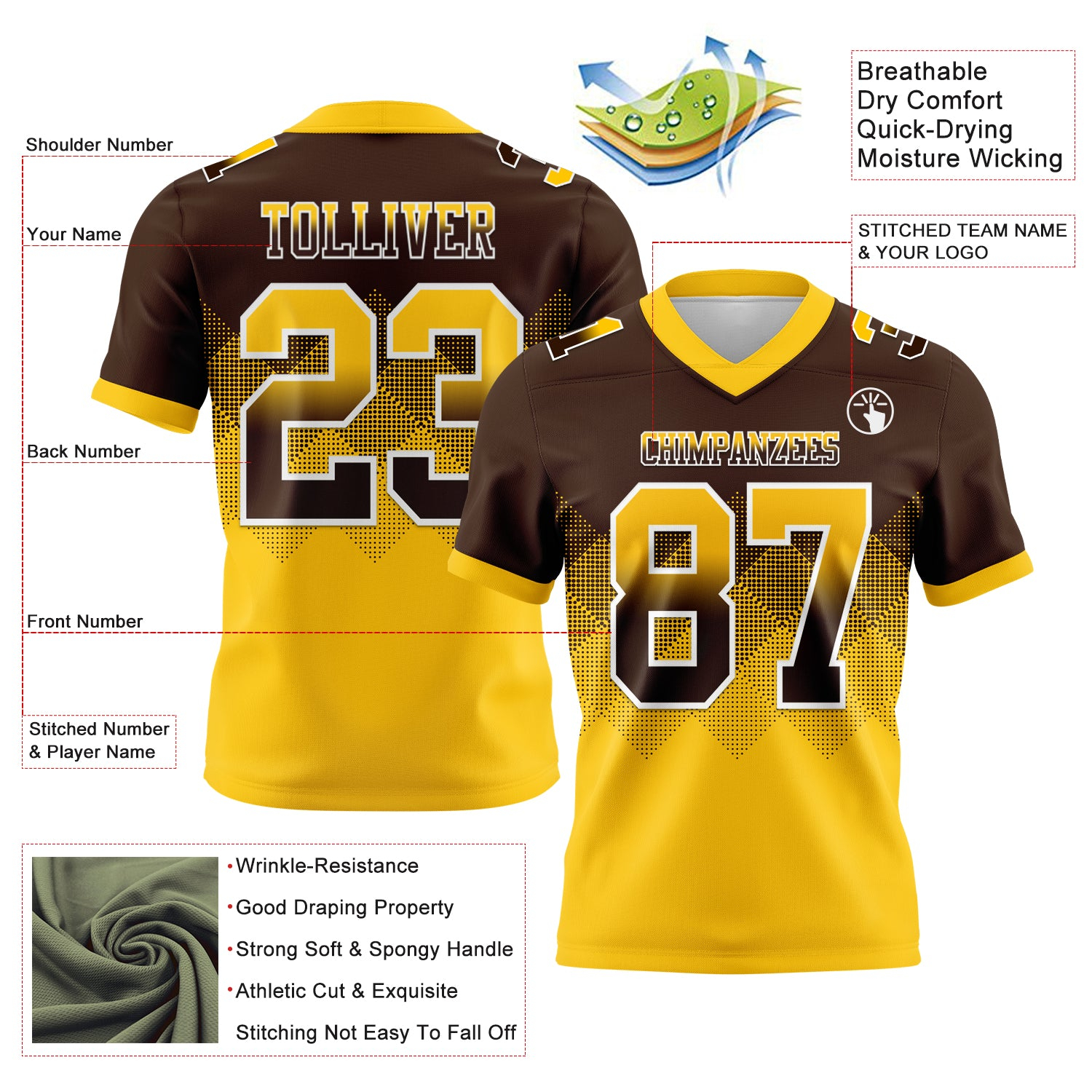 Custom Brown Yellow-White Mesh Authentic Gradient Square Shape Flag Football Jersey