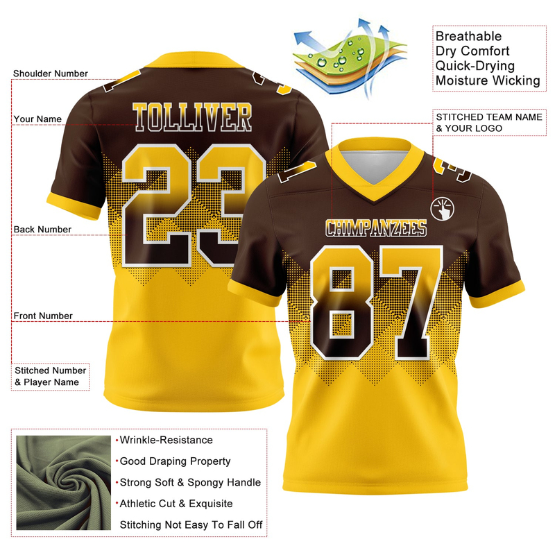 Custom Brown Yellow-White Mesh Authentic Gradient Square Shape Flag Football Jersey