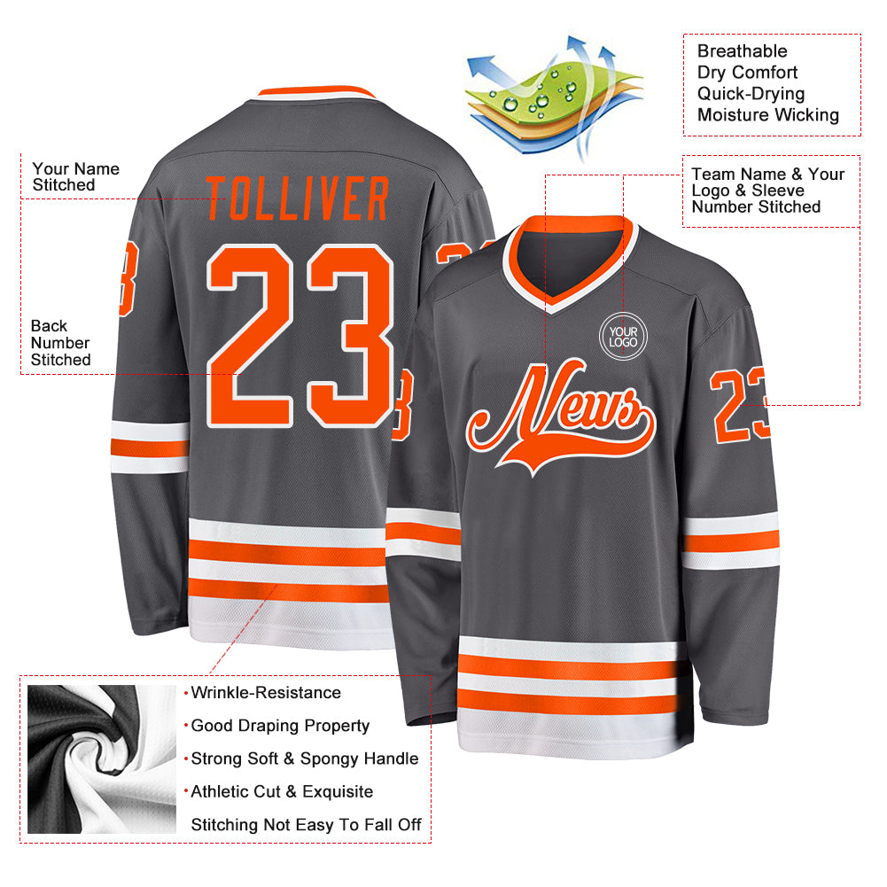 Custom Steel Gray Orange-White Hockey Jersey