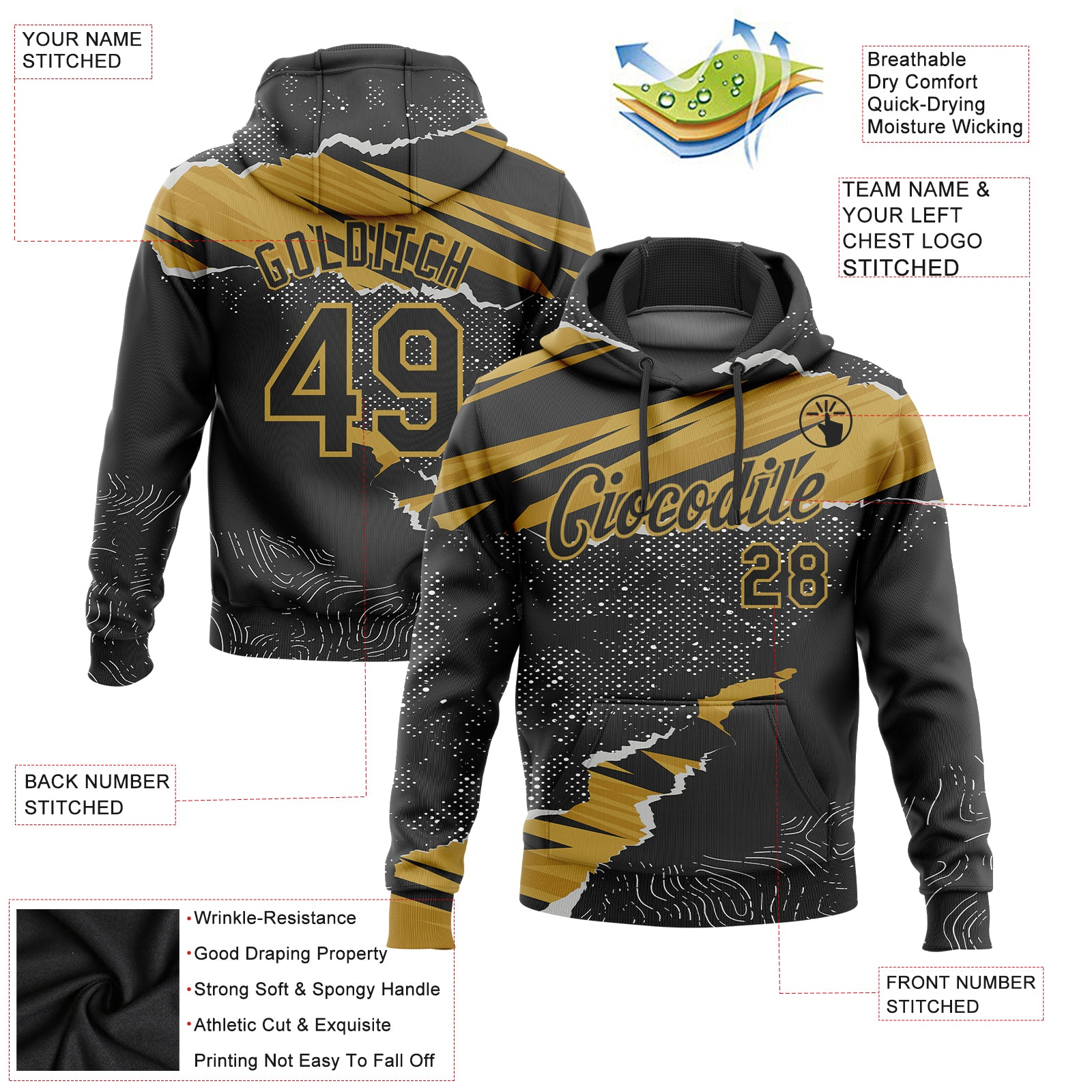Custom Stitched Black Old Gold 3D Pattern Design Torn Paper Style Sports Pullover Sweatshirt Hoodie