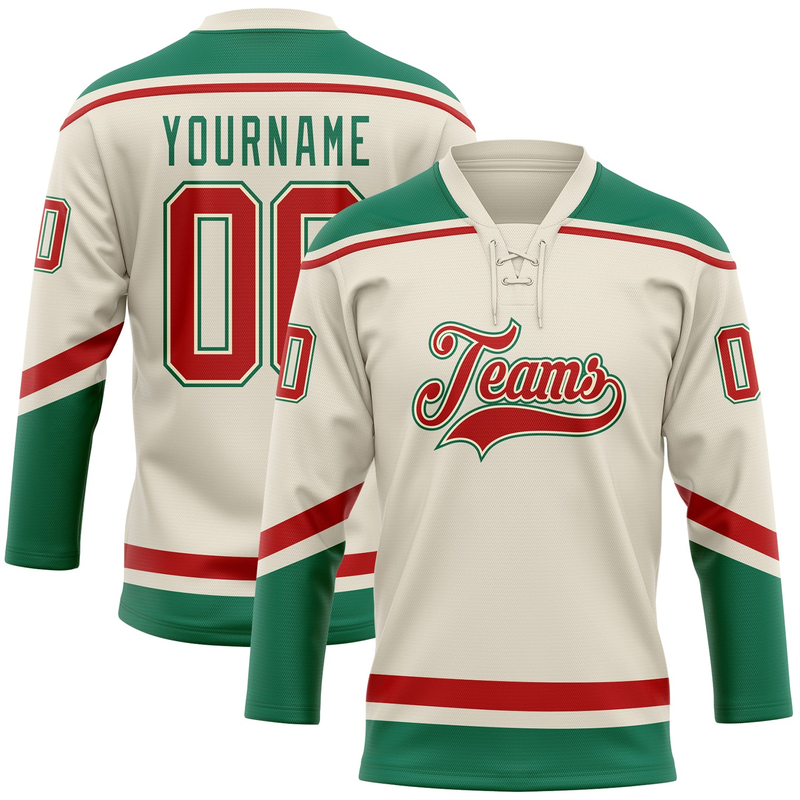 Custom Cream Red-Kelly Green Hockey Lace Neck Jersey