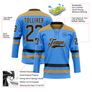 Custom Sky Blue Black-Old Gold Hockey Lace Neck Jersey