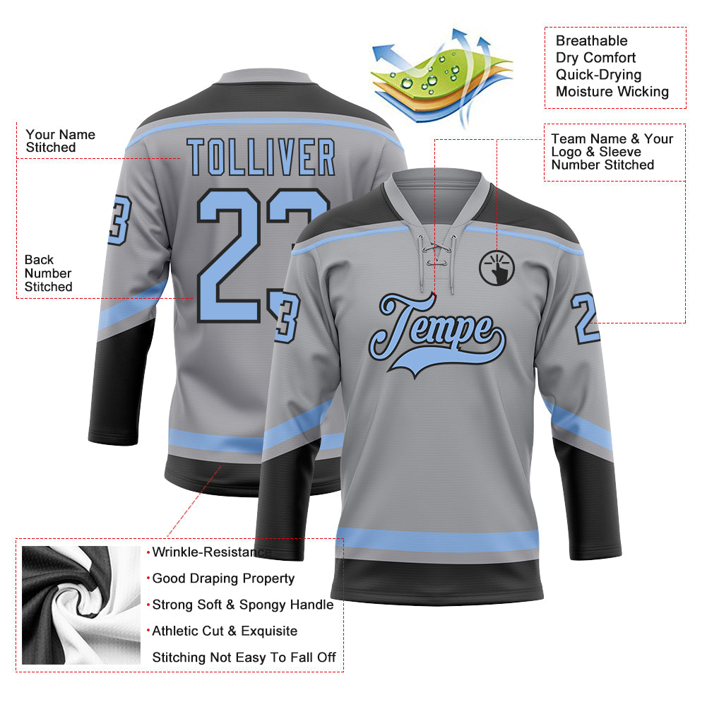 Custom Gray Light Blue-Black Hockey Lace Neck Jersey