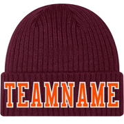Custom Burgundy Orange-White Stitched Cuffed Knit Hat