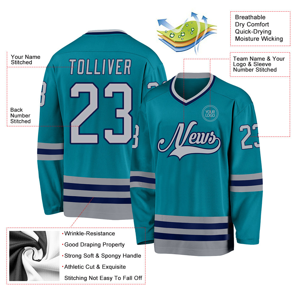 Custom Teal Gray-Navy Hockey Jersey