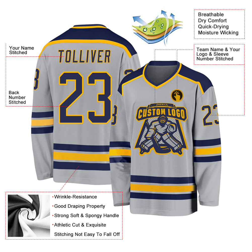 Custom Gray Navy-Gold Hockey Jersey