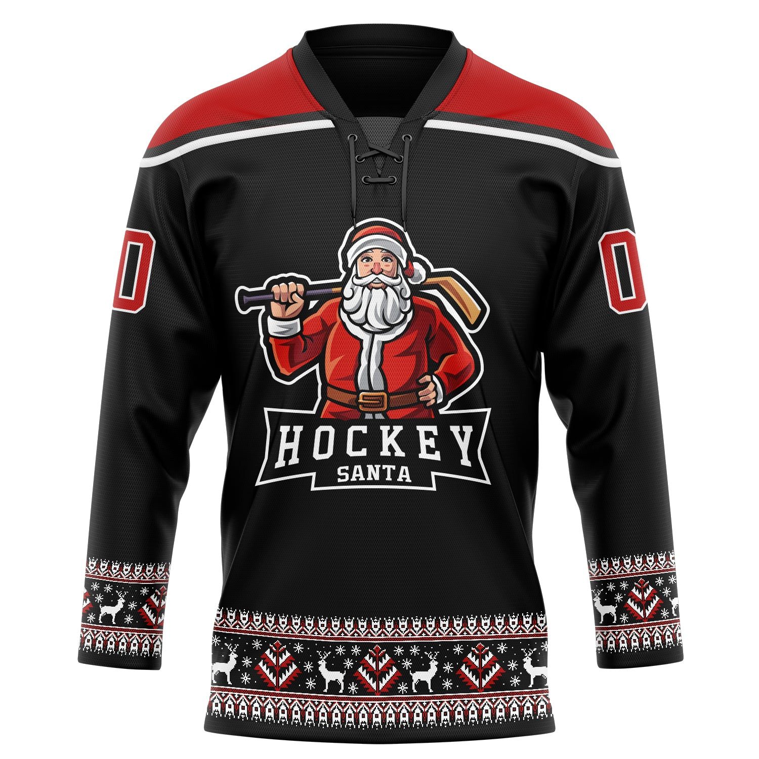 Custom Black Red-White Christmas Santa Claus 3D Hockey Lace Neck Jersey
