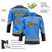 Custom Powder Blue Old Gold-Black Hockey Lace Neck Jersey