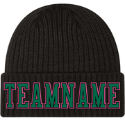 Custom Black Kelly Green-Pink Stitched Cuffed Knit Hat