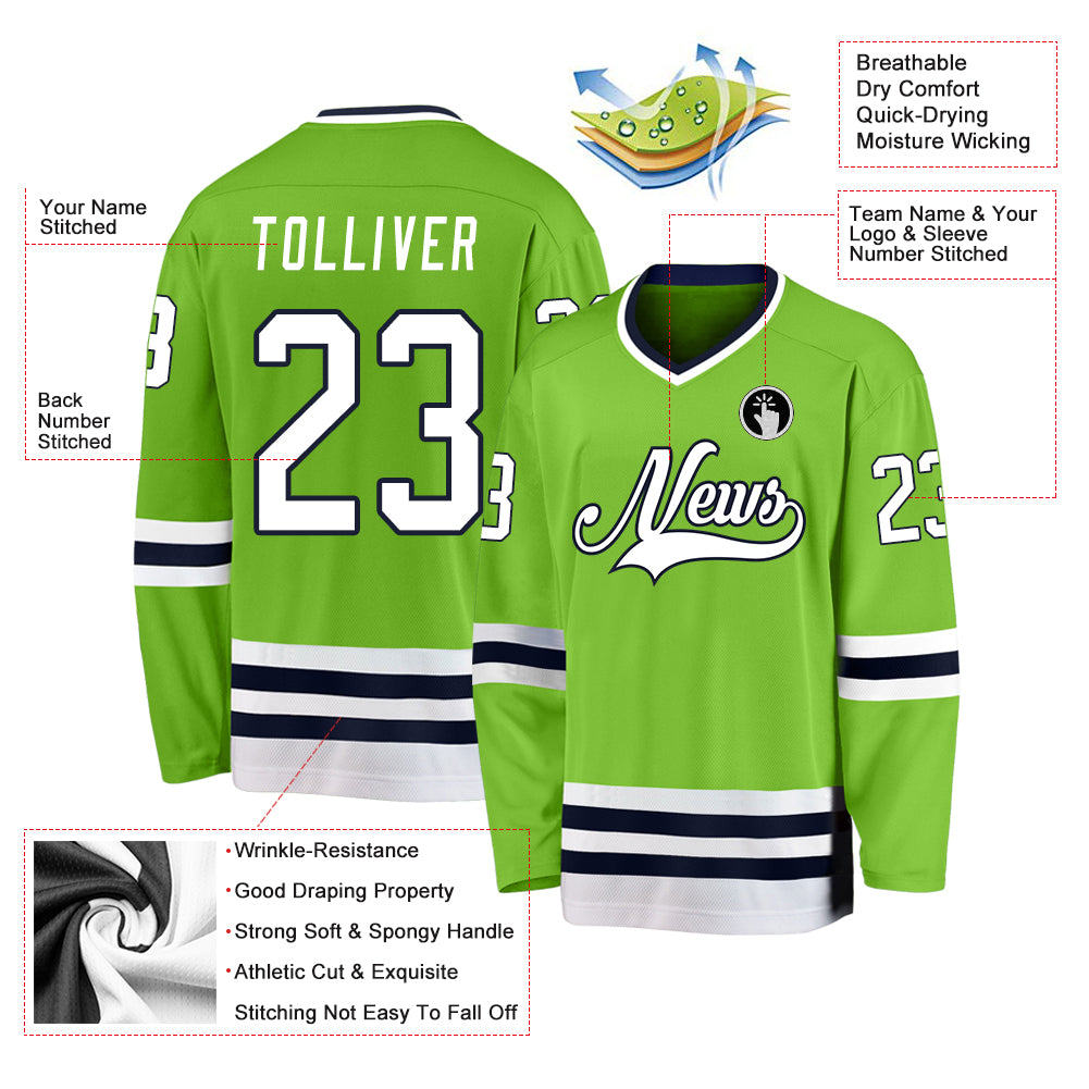 Custom Neon Green White-Navy Hockey Jersey
