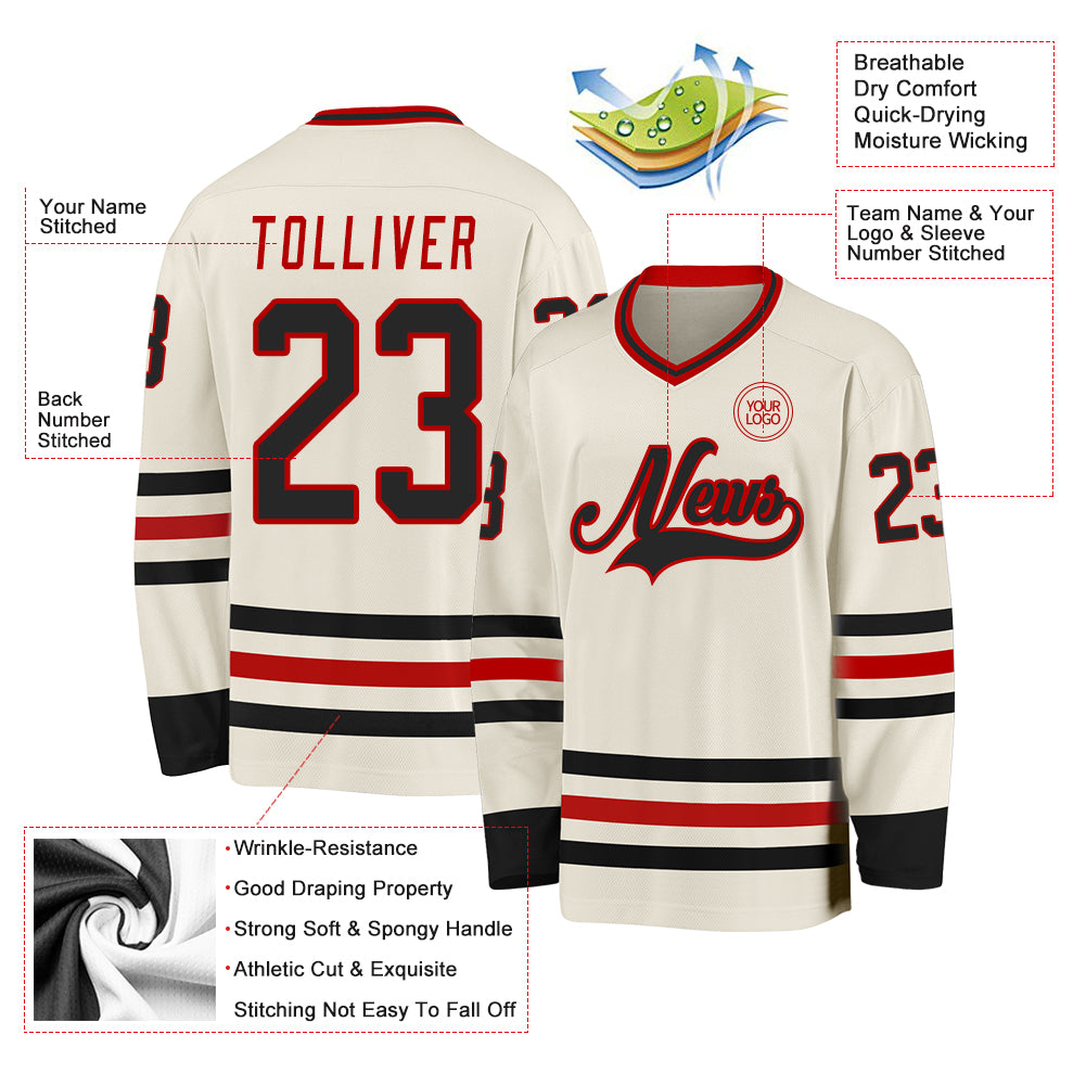 Custom Cream Black-Red Hockey Jersey