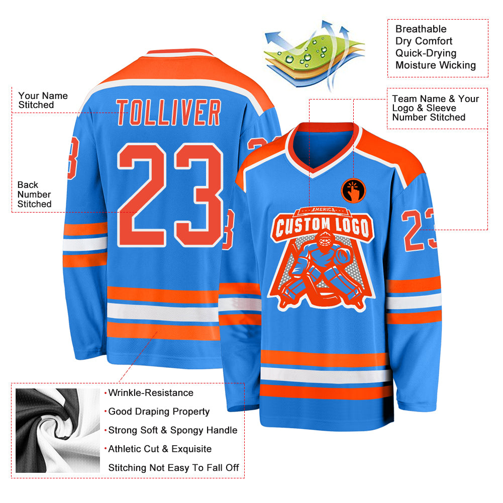 Custom Powder Blue Orange-White Hockey Jersey