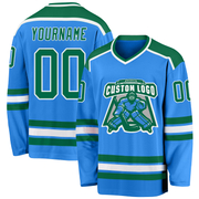 Custom Powder Blue Kelly Green-White Hockey Jersey