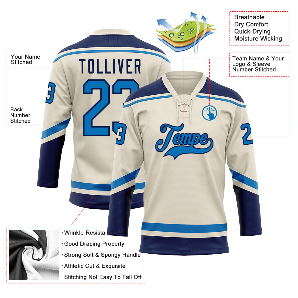 Custom Cream Blue-Navy Hockey Lace Neck Jersey