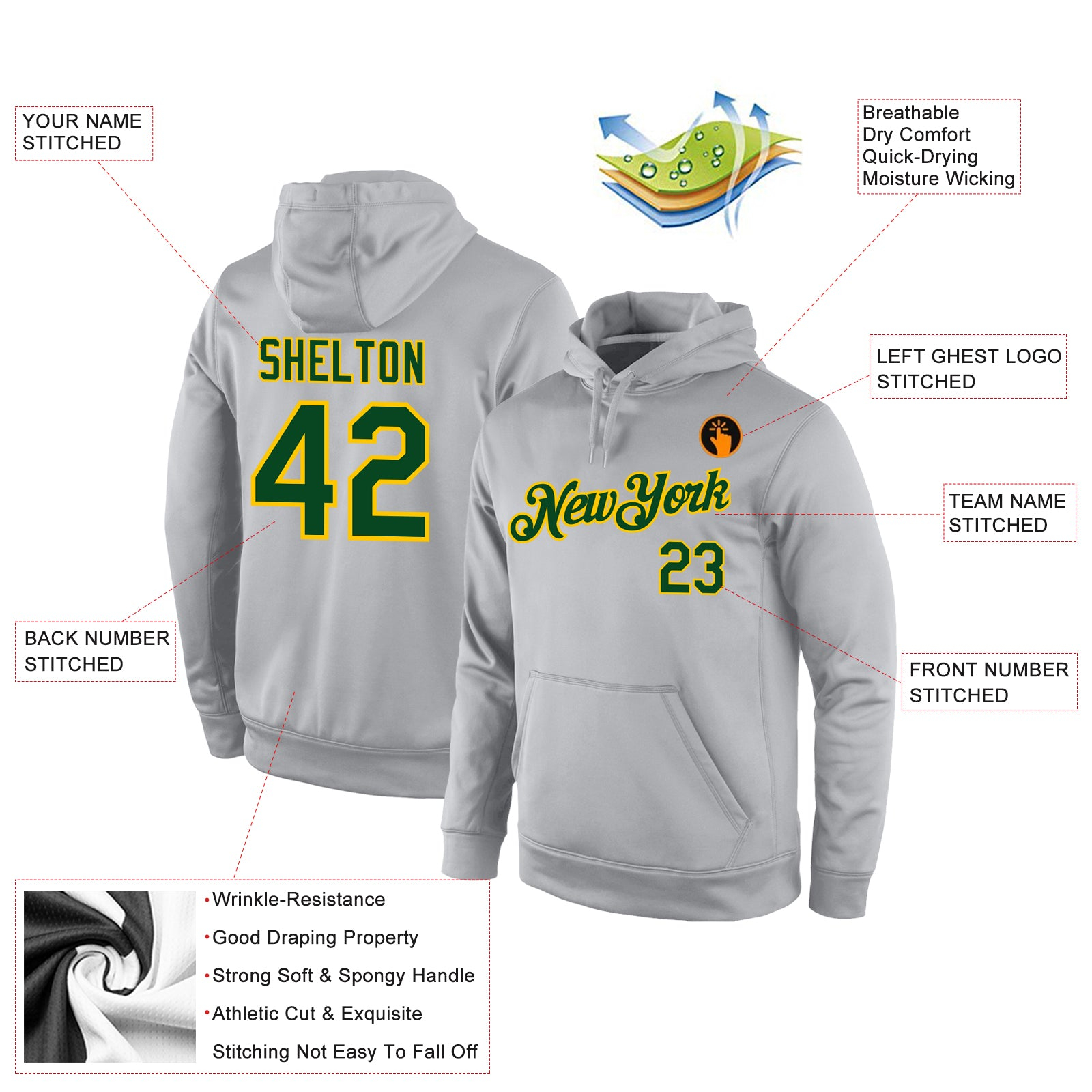 Custom Stitched Gray Green-Gold Sports Pullover Sweatshirt Hoodie