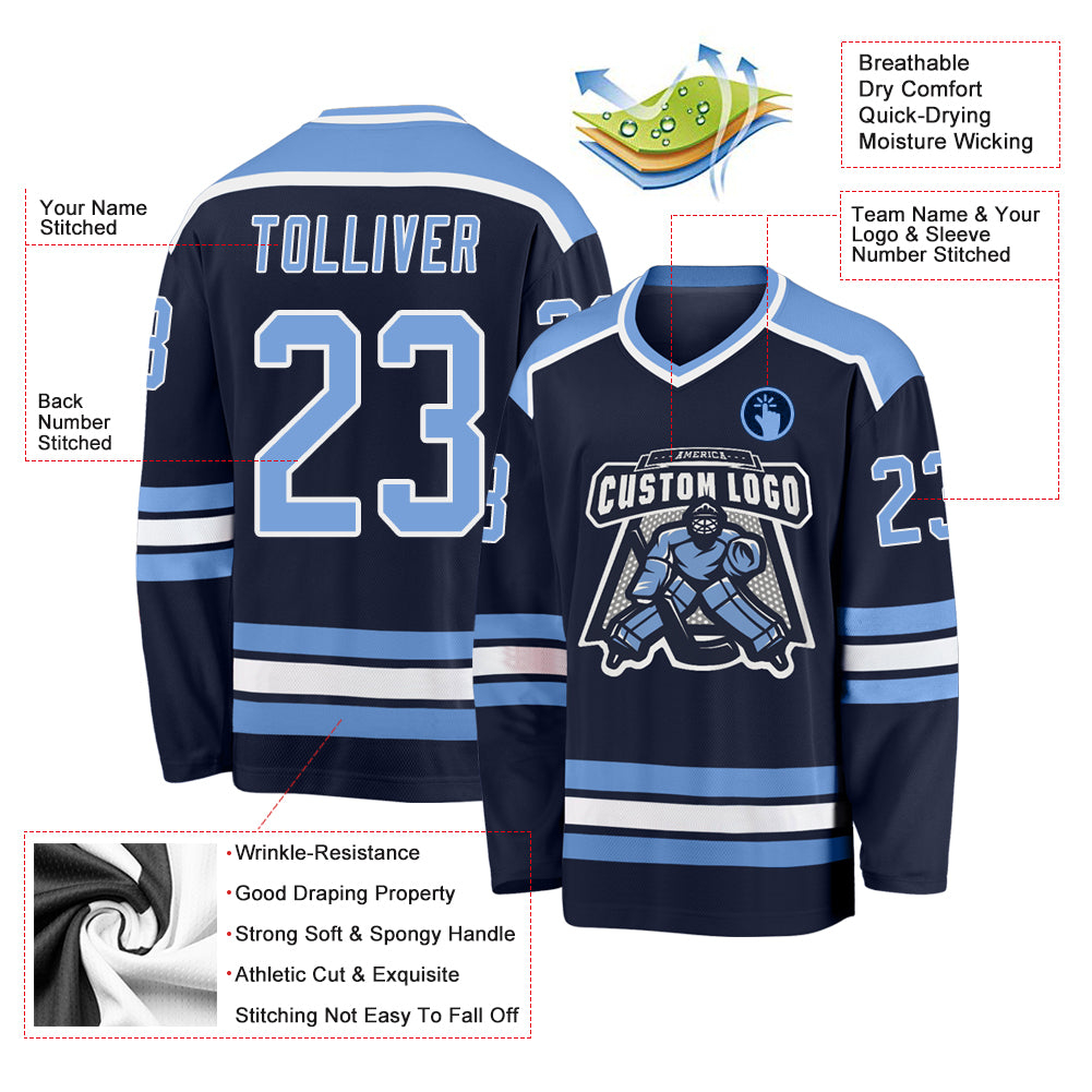 Custom Navy Light Blue-White Hockey Jersey